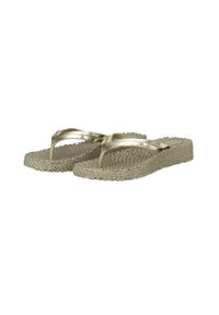 Light beige flip-flop sandals with metallic straps and woven-texture soles, featuring a flat design and no notable patterns.