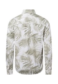 Camicia a maniche lunghe in tessuto leggero, con sfondo bianco e stampa di foglie di palma verdi. Collo classico e taschino singolo sulla schiena.