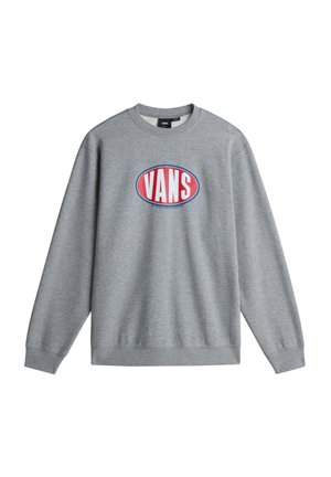 Grey sweatshirt with round VANS logo in red and blue. Features a classic crew neckline and long sleeves. Made of soft cotton blend material.