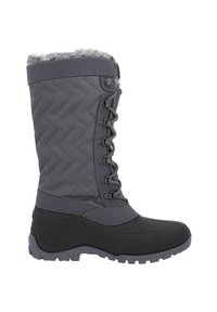 Grauer Winterstiefel mit einem strukturierten, gesteppten Obermaterial, Kunstfellkragen, Schnürdesign und einer festen Gummisohle für Grip und Isolierung.