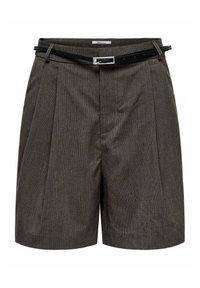 Pantaloni corti a vita alta, in tessuto a quadretti marroni, con pince, passanti per cintura e una cintura nera sottile con fibbia argentata.