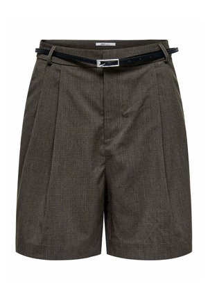 Pantaloni corti a vita alta, in tessuto a quadretti marroni, con pince, passanti per cintura e una cintura nera sottile con fibbia argentata.