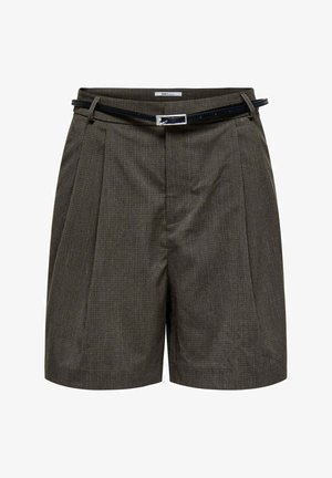 Pantaloni corti a vita alta, in tessuto a quadretti marroni, con pince, passanti per cintura e una cintura nera sottile con fibbia argentata.