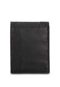 Zwart leren portemonnee met een gladde textuur, rechthoekige vorm en minimale stiksels. Heeft een zijvakje voor kaarten.