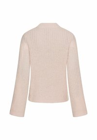 Hellrosa gestrickter Pullover mit lockerer Passform, langärmelig, rundem Halsausschnitt sowie gerippten Bündchen und Saum. Strukturmuster im gesamten Design.
