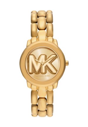 Goudkleurig Michael Kors horloge met een stevige schakelenband, ronde wijzerplaat en groot reliëf "MK" logo op de wijzerplaat met uur- en minutenwijzers.
