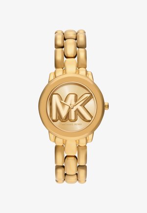 Orologio Michael Kors color oro con bracciale a maglie spesse, quadrante rotondo e grande logo "MK" in rilievo sul quadrante con lancette delle ore e dei minuti.