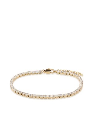 Gold chain bracelet with clear round gemstones set in square links and a lobster clasp with adjustable chain extension.