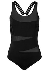 Maillot de bain une pièce noir avec des panneaux en maille, un design superposé et des bretelles doubles dans le dos. Texture lisse et coupe ajustée.
