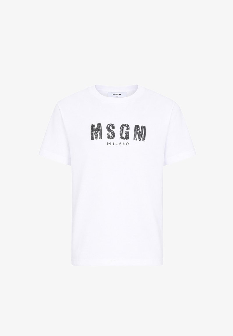 T-shirt blanc à manches courtes avec "MSGM" en grandes lettres noires de style esquisse et "MILANO" en plus petits caractères noirs en dessous sur le devant.