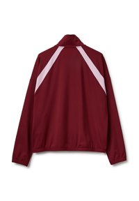 Chaqueta deportiva burdeos con franjas blancas, mangas largas, cuello alzado y dobladillo y puños elásticos. Tejido suave y ligero.