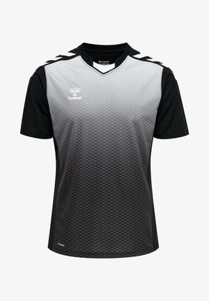 Zwart en grijs sportshirt met korte mouwen, voorzien van een gradientpatroon en een V-hals. Heeft witte schouderaccenten en een logo op de borst.