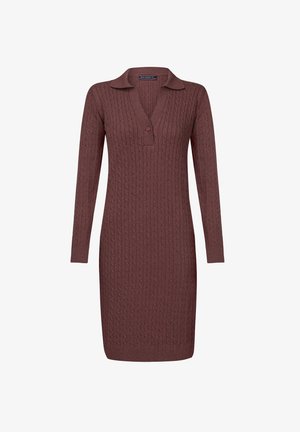 Kootud kleit rikkalikus burgundi värvitoonis, tekstuurse nöörmustriga, pikkade varrukate ja kraega kaelusega, millel on nööpide rida.