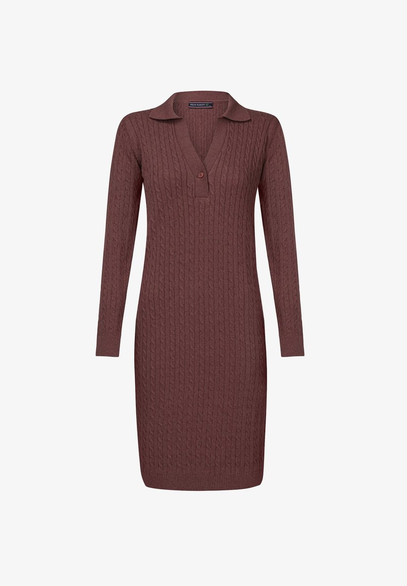 Robe tricotée d'une riche couleur bordeaux avec un motif de câble texturé, des manches longues et un col avec patte de boutonnage.