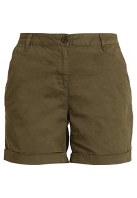 Shorts en coton vert olive avec revers plié, fermeture à bouton et poches avant ; texture lisse et coupe ajustée.