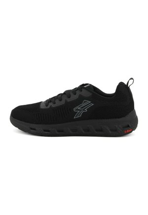 Scarpa atletica nera con una tomaia in mesh testurizzato, punta arrotondata, suola decorata e un logo sul lato. Presenta un'etichetta sul retro.