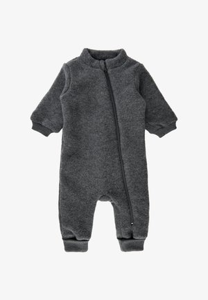 Grauer Fleece-Overall mit langen Ärmeln, einem Frontreißverschluss, gerippten Bündchen und Fußabschlüssen für eine enge Passform. Weiche Textur und minimalistisches Design.