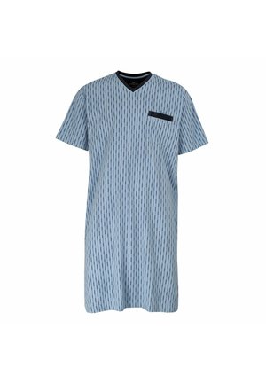 Short-sleeve, V-neck nightgown made of lightweight fabric. Light blue with vertical stripe pattern and a small black chest pocket.