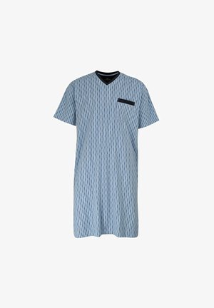 Short-sleeve, V-neck nightgown made of lightweight fabric. Light blue with vertical stripe pattern and a small black chest pocket.