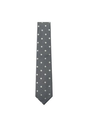 Cravate grise avec des pois blancs et un motif texturé. Présente une extrémité effilée et une finition lisse, idéale pour les occasions formelles.