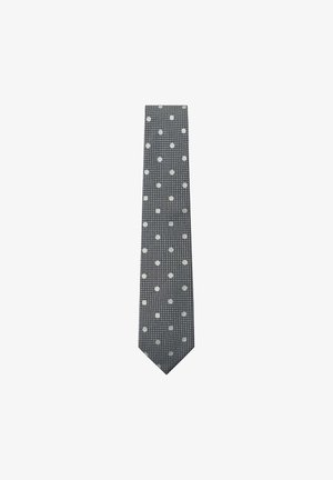 Cravate grise avec des pois blancs et un motif texturé. Présente une extrémité effilée et une finition lisse, idéale pour les occasions formelles.