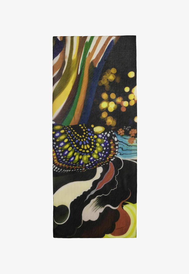 Bunter Seidenschal mit abstrakten Mustern in Blau, Grün, Gelb und Schwarz, glänzender Textur und vielfältigen organischen Formen.