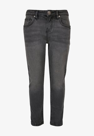 Sorte jeans med lige ben til anklerne og falmet vask, frontknaplukning, bæltestropper og femlommedesign, vist mod hvid baggrund.