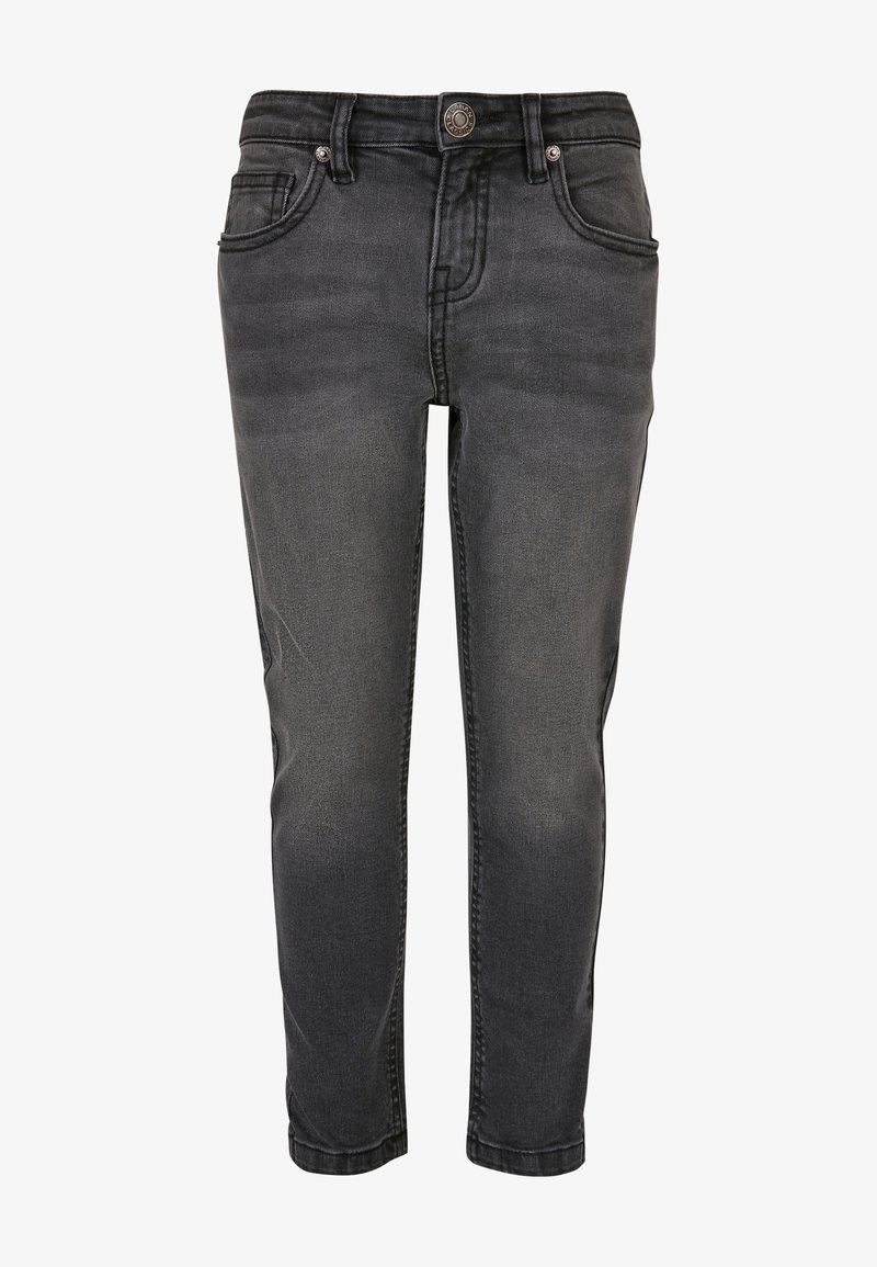 Jean noir à jambe droite, longueur cheville, avec effet délavé, fermeture à bouton devant, passants de ceinture et style cinq poches, présenté sur fond blanc.