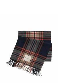 Geruite wollen sjaal in tinten van marineblauw, grijs en oranje met franjes aan de randen. Een label op de sjaal toont de merknaam "GANT."