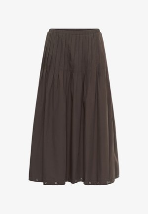 Tamnosmeđa midi suknja s naboranim gornjim dijelom, naboranim strukom, elastičnim remenom i metalnim otvorima uz rub suknje.