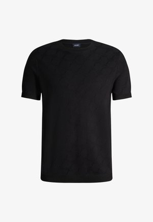 Schwarzer Strickpullover mit kurzen Ärmeln, dezentem Rautenmuster und gerippten Bündchen und Saum.