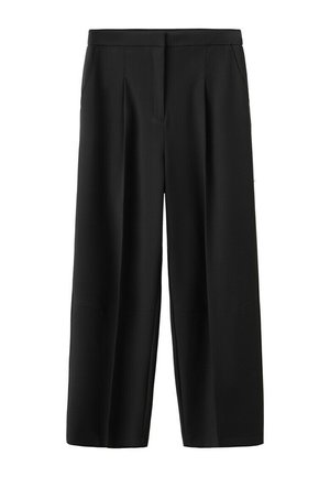 Pantalones negros de pierna ancha y corte entallado, con pinzas delanteras y bolsillos laterales, que cuentan con una cintura ajustada y cierre frontal oculto.