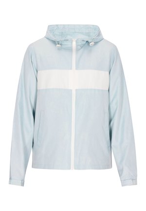 Lichtblauwe jack van gladde stof met een witte horizontale streep, voorrits en zijzakken. Inclusief een capuchon met trekkoorden.