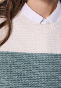Maglione lavorato a maglia di colore chiaro con un design orizzontale e una morbida striscia verde, tessuto testurizzato e una camicia bianca con colletto sotto.