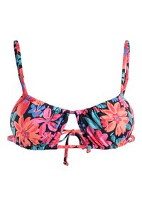 Bloemrijke bikini-top met een zwarte basis en levendige roze, rode en blauwe bloemen, verstelbare bandjes en een strikdetail aan de voorkant.