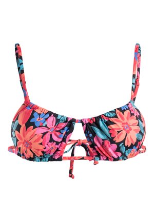 Květované bikiny se černým základem a živými růžovými, červenými a modrými květinami, nastavitelné ramínka a detail s předními zavazováním.