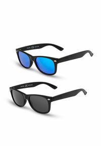 Black sunglasses with a matte finish; one pair features blue reflective lenses, the other has dark gray lenses. Both have classic shape.