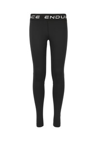 Schwarze Leggings mit glatter Textur, ausgestattet mit einem breiten schwarzen Bund, auf dem der Text "ENDURANCE" in Weiß zu sehen ist. Voller Länge.