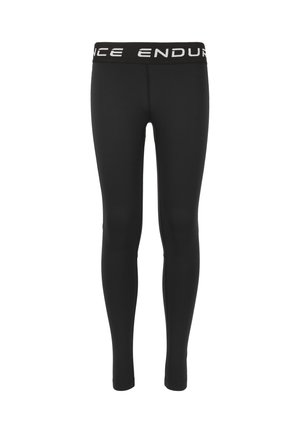 Sorte leggings med en glat overflade, der har et bredt sort taljebånd med teksten "ENDURANCE" i hvid. Fuld længde design.