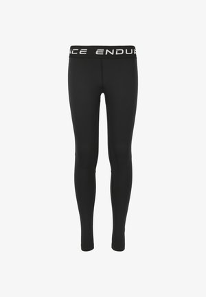 Schwarze Leggings mit glatter Textur, ausgestattet mit einem breiten schwarzen Bund, auf dem der Text "ENDURANCE" in Weiß zu sehen ist. Voller Länge.
