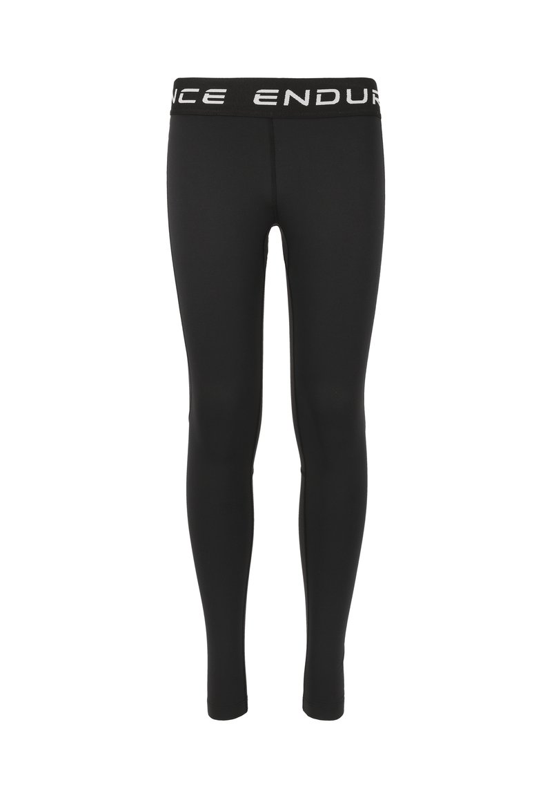 Schwarze Leggings mit glatter Textur, ausgestattet mit einem breiten schwarzen Bund, auf dem der Text "ENDURANCE" in Weiß zu sehen ist. Voller Länge.