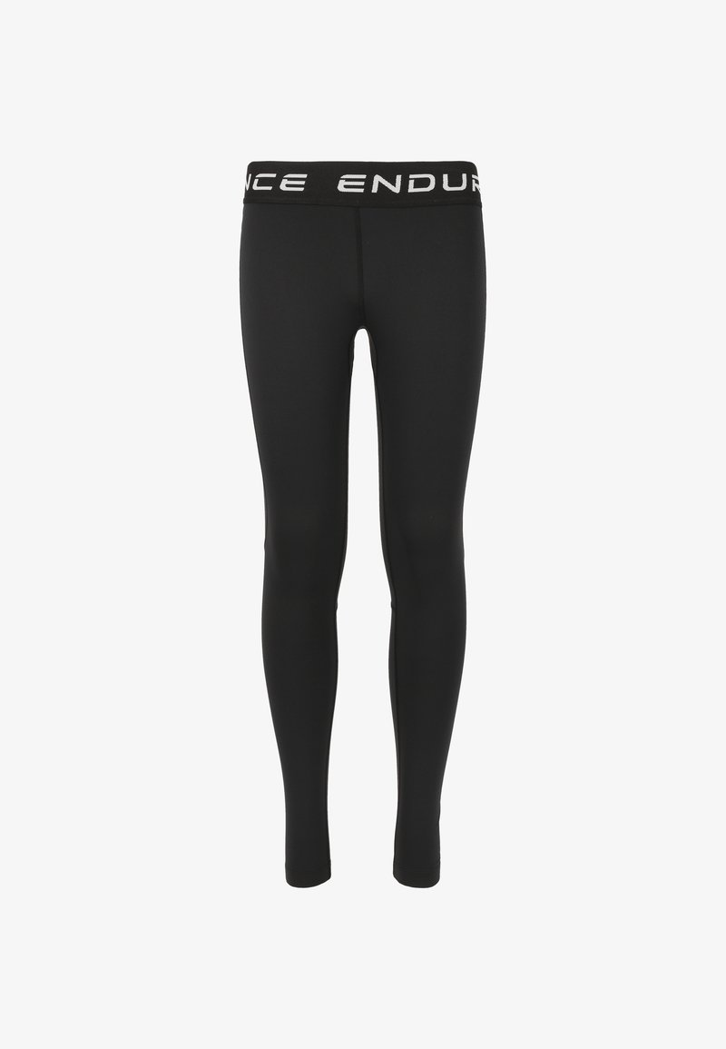 Schwarze Leggings mit glatter Textur, ausgestattet mit einem breiten schwarzen Bund, auf dem der Text "ENDURANCE" in Weiß zu sehen ist. Voller Länge.