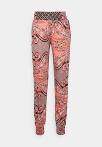 Mønstret bukser med paisley-design i rosa og brunt, med elastisk talje med en teksturert svart aksent og smalnende mansjetter.