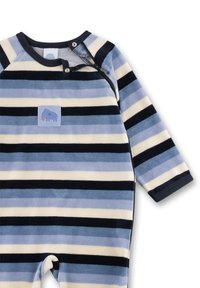 Fleece romper met marineblauwe, lichtblauwe en crèmekleurige horizontale strepen; heeft een ronde hals, drukknoopjes en een olifantenpatch op de borst.