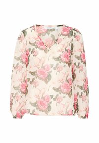 Blumenbluse aus durchsichtigem Stoff mit V-Ausschnitt, langen Ärmeln und einem rosa Rosenmuster auf hellem Hintergrund. Mit elastischen Bündchen.