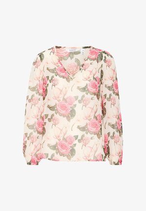 Blommig blus i genomskinligt tyg med v-ringning, långa ärmar och ett mönster av rosa rosor på en ljus bakgrund. Elastiska ärmslut.