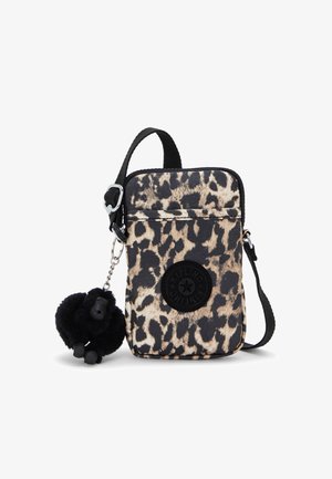 Leopard print shoulder bag made of durable fabric, featuring a prominent logo patch, zip closure, and a detachable black monkey keychain.