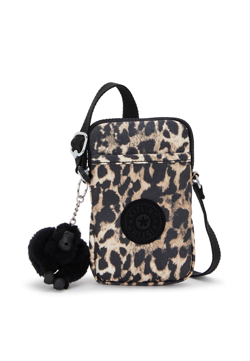 Leopard print shoulder bag made of durable fabric, featuring a prominent logo patch, zip closure, and a detachable black monkey keychain.