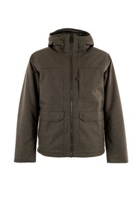 Giacca zipata verde scuro con cappuccio. Presenta due tasche frontali e un tessuto testurizzato. Design a taglio dritto per una vestibilità rilassata.