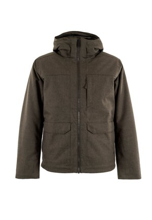 Giacca zipata verde scuro con cappuccio. Presenta due tasche frontali e un tessuto testurizzato. Design a taglio dritto per una vestibilità rilassata.